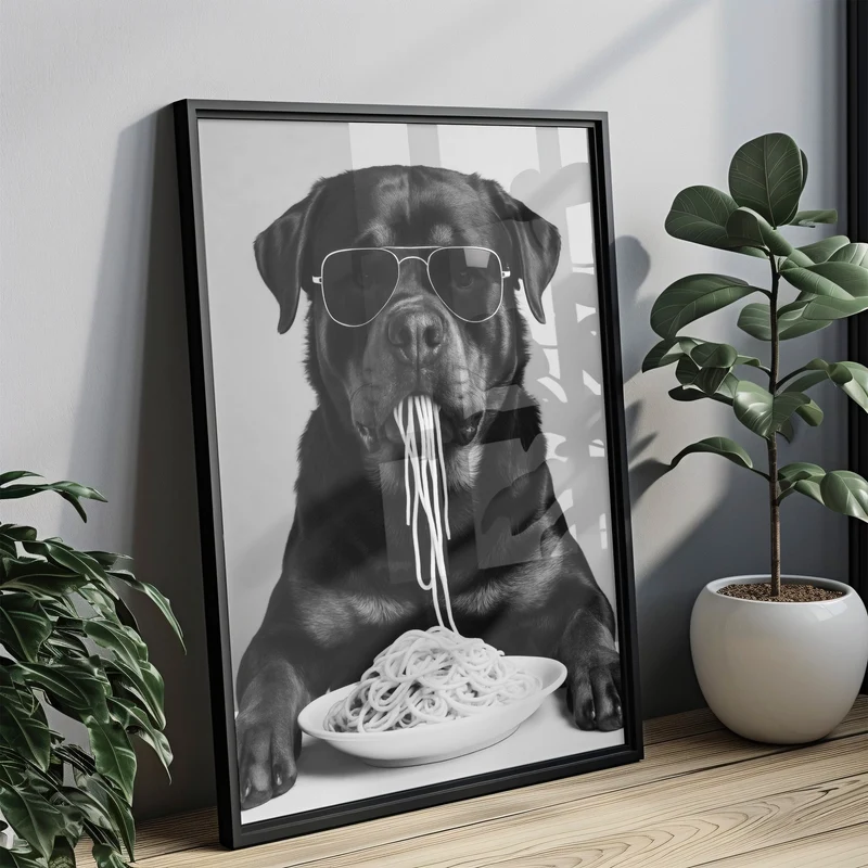 Rottweiler isst Spaghetti - Poster Schwarz Weiß Küchen- & Esszimmer Bild