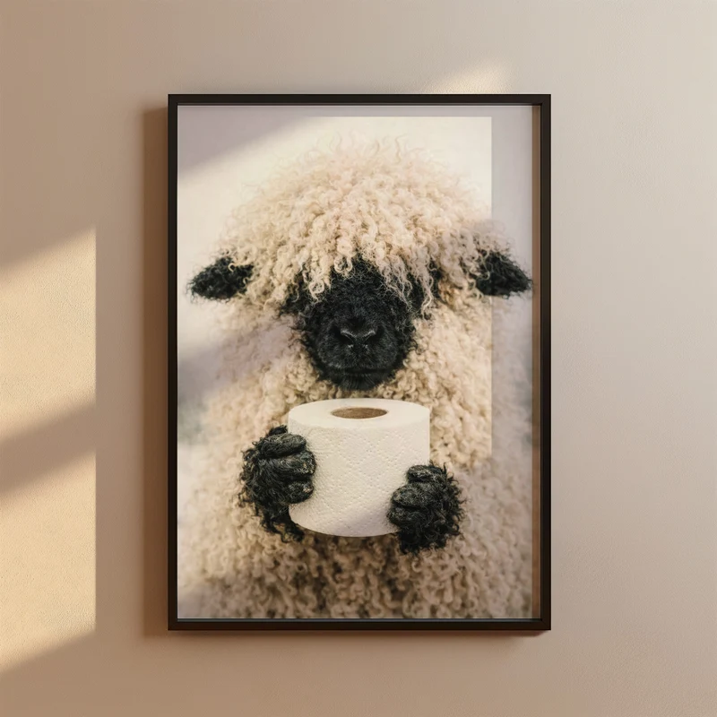 Lustiges Badezimmer Poster - Schaf hält Klopapierrolle