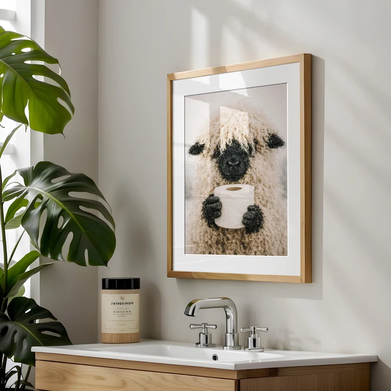 Lustiges Badezimmer Poster - Schaf hält Klopapierrolle