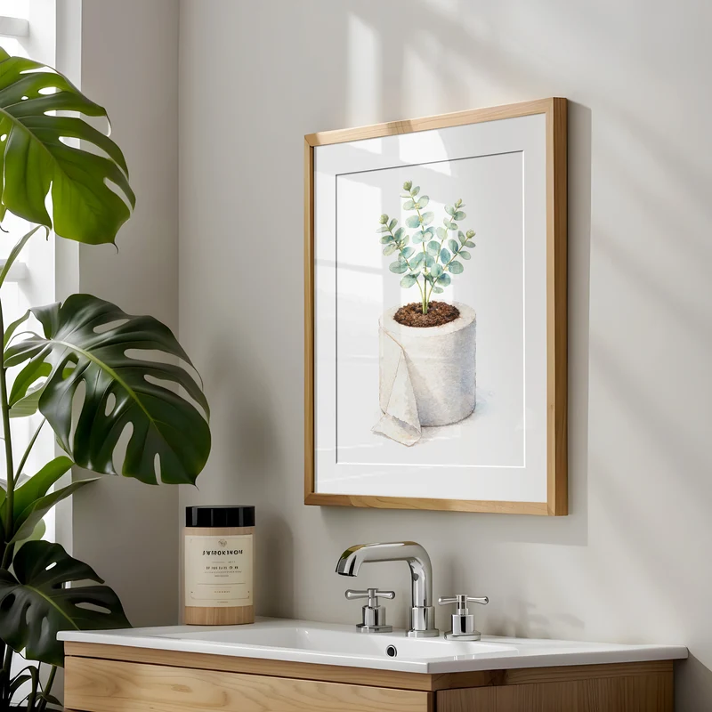 Badezimmer Poster mit Eukalyptus in Klopapierrolle als Watercolor Illustration
