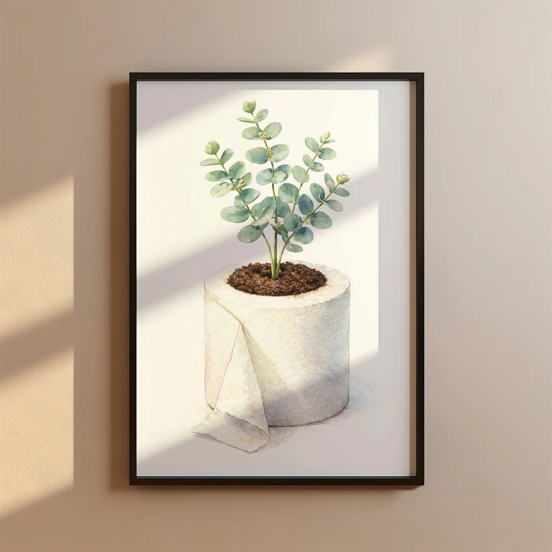 Badezimmer Poster mit Eukalyptus in Klopapierrolle als Watercolor Illustration