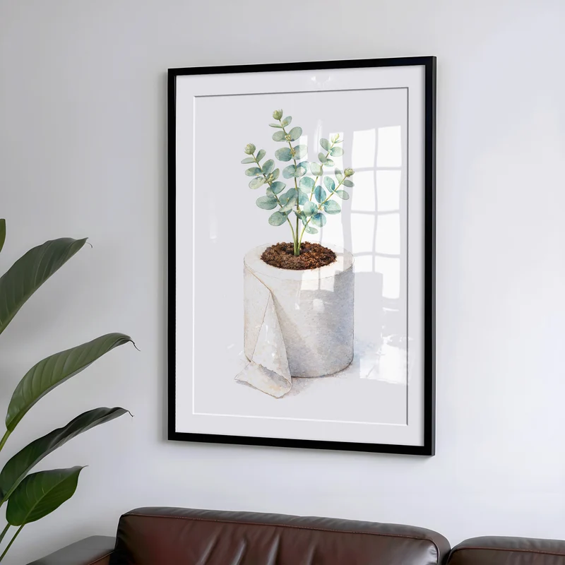 Badezimmer Poster mit Eukalyptus in Klopapierrolle als Watercolor Illustration
