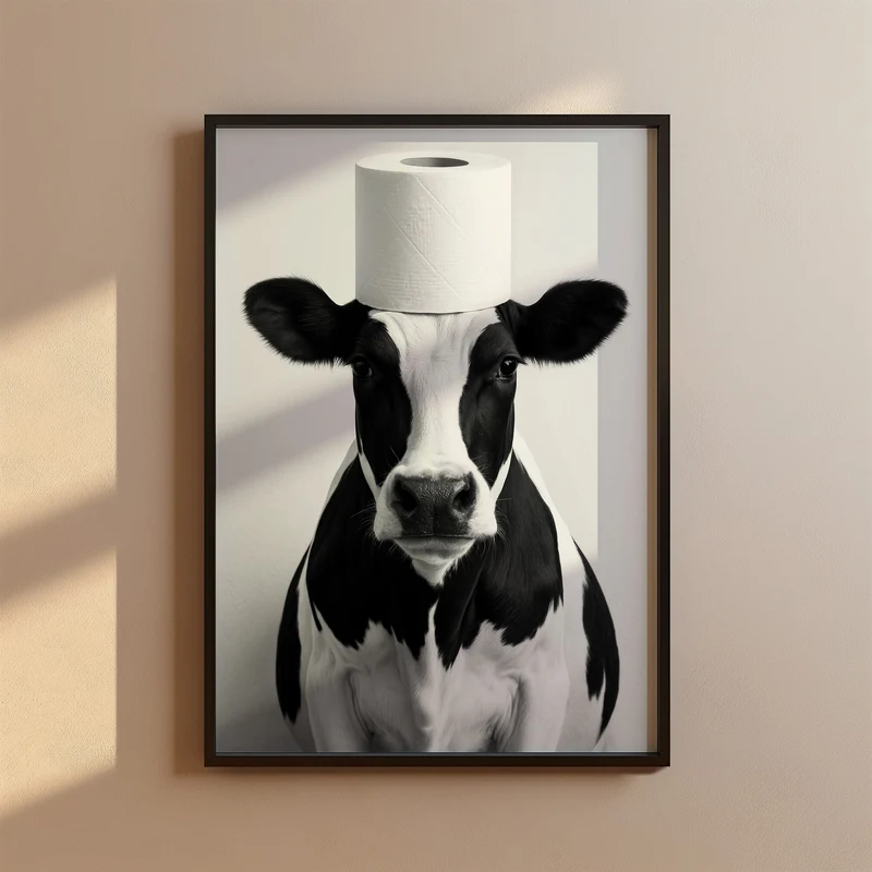 Geschenk zum Hauskauf - Badezimmer Poster Kuh mit Klopapierrolle auf dem Kopf