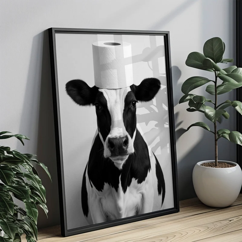 Geschenk zum Hauskauf - Badezimmer Poster Kuh mit Klopapierrolle auf dem Kopf