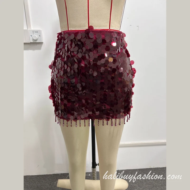 Glitter tassels sleeveless square neck skirt set mini