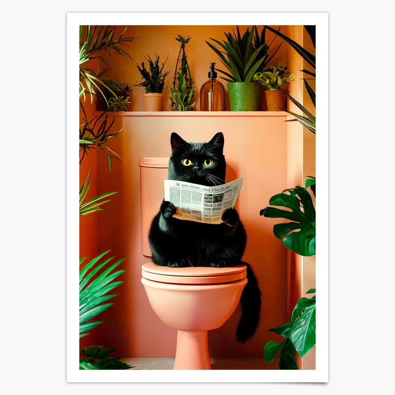 Geschenk Hauskauf Badezimmer Poster Katze auf Toilette liest Zeitung Deko Gäste WC Einweihungsgeschenk Badezimmer Print Katzenliebhaber