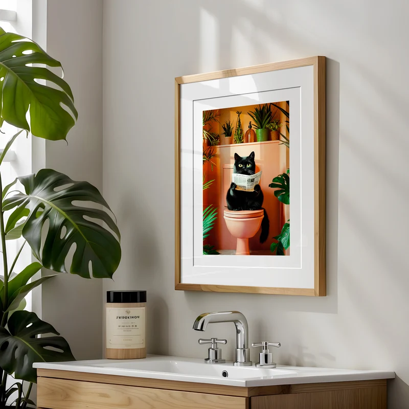 Geschenk Hauskauf Badezimmer Poster Katze auf Toilette liest Zeitung Deko Gäste WC Einweihungsgeschenk Badezimmer Print Katzenliebhaber