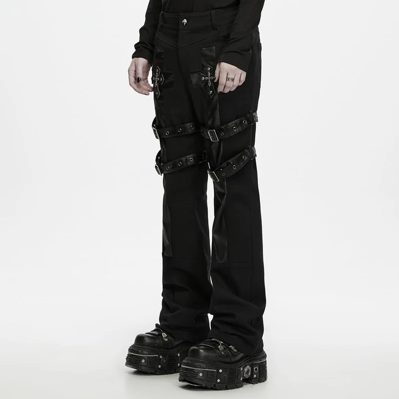 Punk-Hose für Herren mit Schnallenriemen und Patchwork-Muster