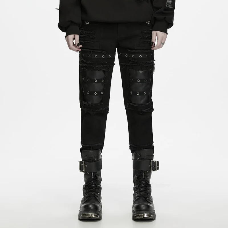 Punk-Herrenhose mit ausgefransten Kanten und Lochstickerei