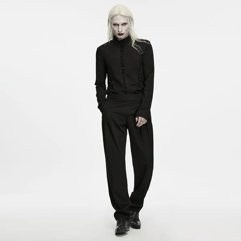 Gothic Herren-Langarmshirt mit Stehkragen, Reißverschluss hinten und langen Ärmeln
