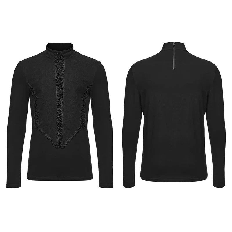 Gothic Herren-Langarmshirt mit Stehkragen, Reißverschluss hinten und langen Ärmeln
