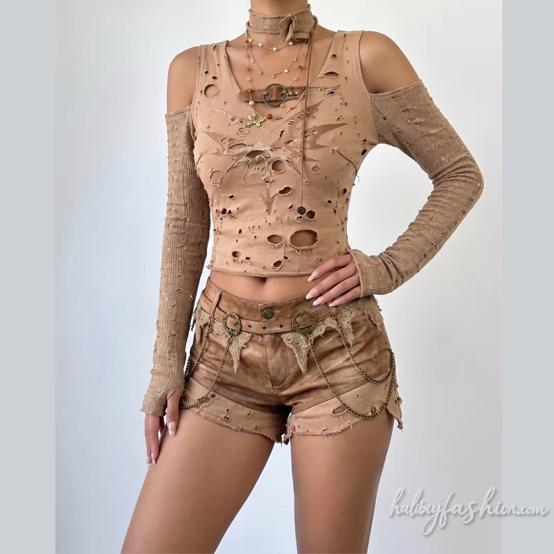 Leather ripped metal chain button short pant
