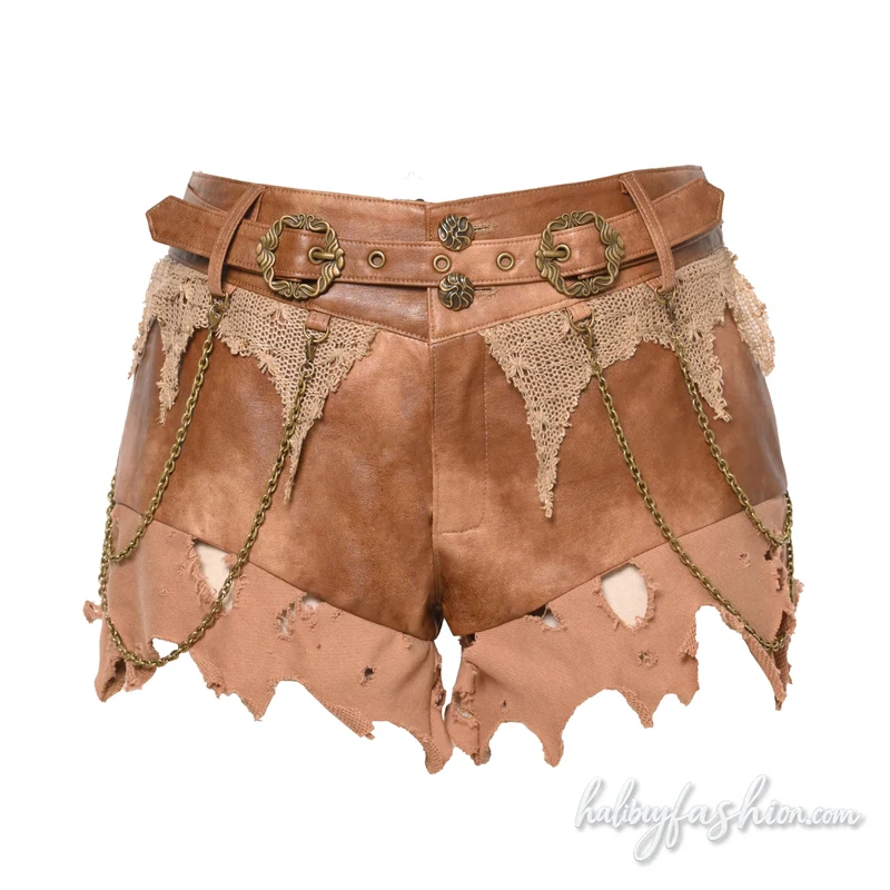 Leather ripped metal chain button short pant