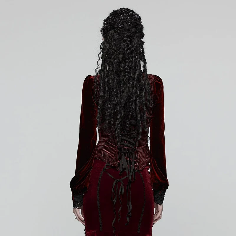 Gothic-Bluse mit Blumenstickerei und Schnürung und Puffärmeln für Damen, Rot