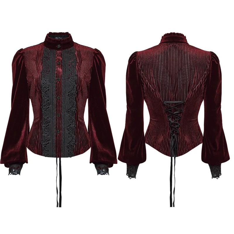 Gothic-Bluse mit Blumenstickerei und Schnürung und Puffärmeln für Damen, Rot