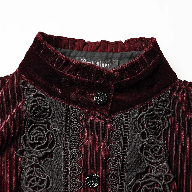 Gothic-Bluse mit Blumenstickerei und Schnürung und Puffärmeln für Damen, Rot
