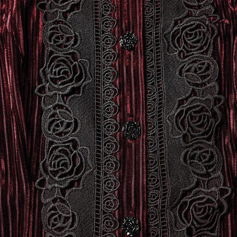 Gothic-Bluse mit Blumenstickerei und Schnürung und Puffärmeln für Damen, Rot