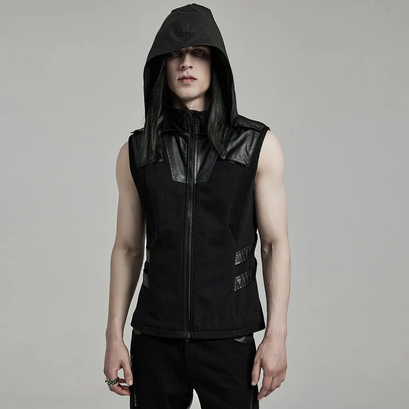 Herren-Weste aus Punk-Mesh-Splice-Kunstleder mit Kapuze