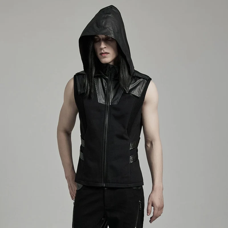 Herren-Weste aus Punk-Mesh-Splice-Kunstleder mit Kapuze