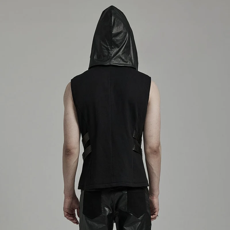 Herren-Weste aus Punk-Mesh-Splice-Kunstleder mit Kapuze
