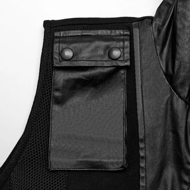 Herren-Weste aus Punk-Mesh-Splice-Kunstleder mit Kapuze