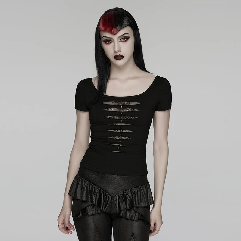 Punk-Nieten-T-Shirt für Damen, transparent, kurzärmelig