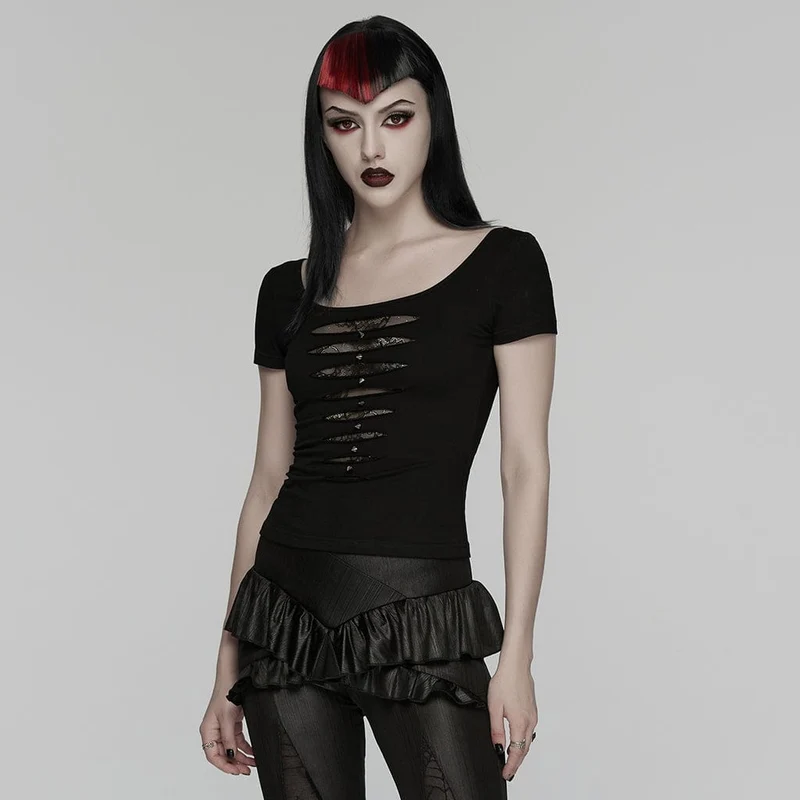 Punk-Nieten-T-Shirt für Damen, transparent, kurzärmelig