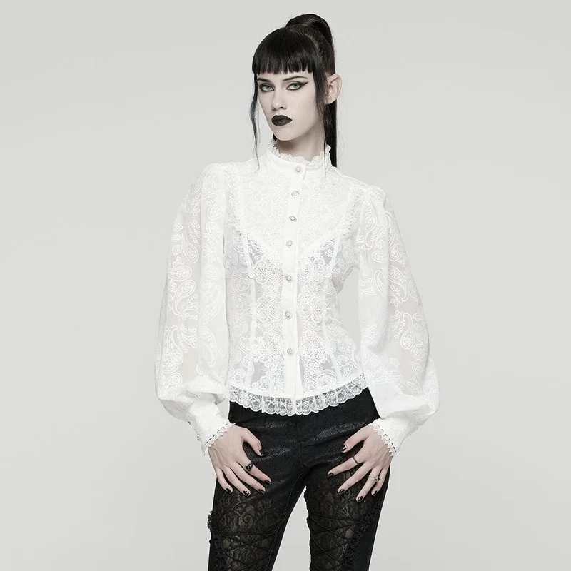 Damenhemd mit Rüschen und Puffärmeln im Gothic-Stil mit Blumenstickerei