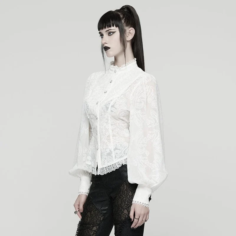 Damenhemd mit Rüschen und Puffärmeln im Gothic-Stil mit Blumenstickerei