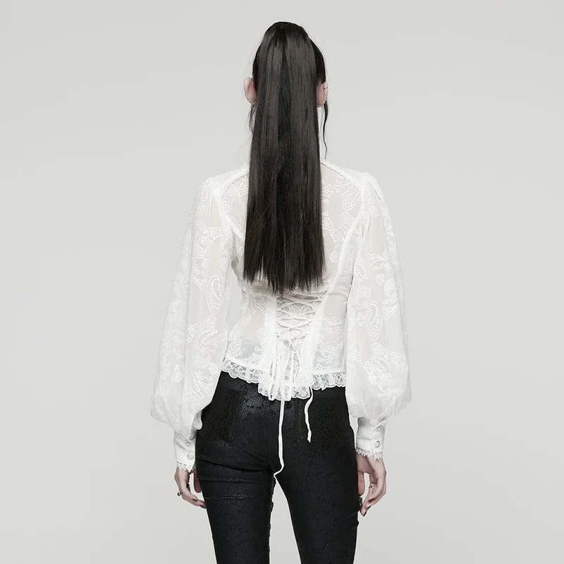 Damenhemd mit Rüschen und Puffärmeln im Gothic-Stil mit Blumenstickerei
