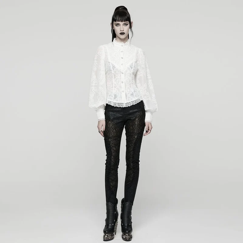 Damenhemd mit Rüschen und Puffärmeln im Gothic-Stil mit Blumenstickerei