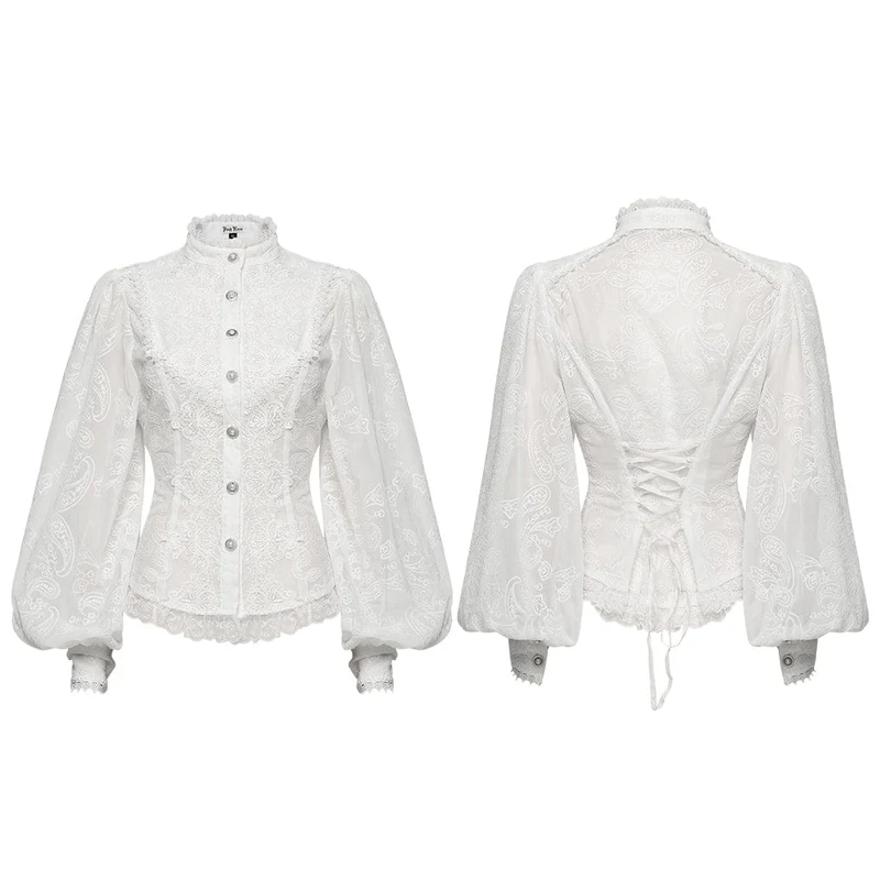 Damenhemd mit Rüschen und Puffärmeln im Gothic-Stil mit Blumenstickerei