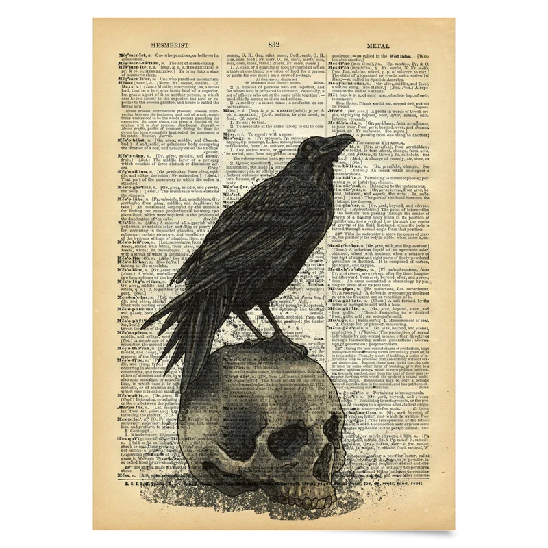 Vintage Poster Rabe auf Schädel Wörterbuch Kunstdruck Vintage Druck Rabe Poster Dictionary Art Print Raven Halloween Dekor Home Wandkunst