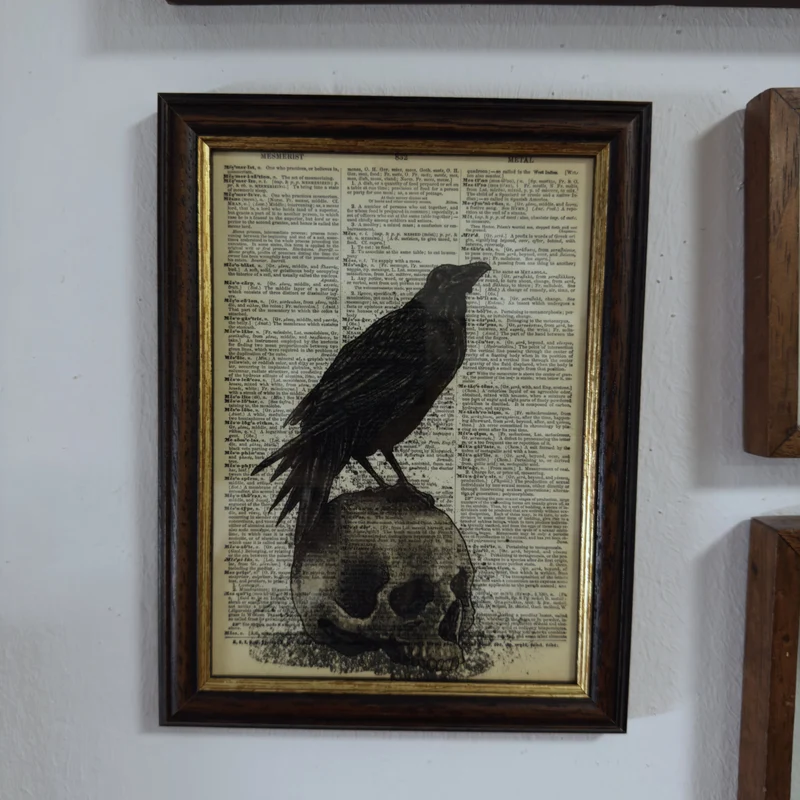 Vintage Poster Rabe auf Schädel Wörterbuch Kunstdruck Vintage Druck Rabe Poster Dictionary Art Print Raven Halloween Dekor Home Wandkunst
