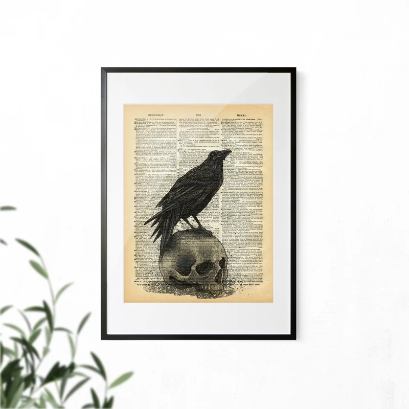 Vintage Poster Rabe auf Schädel Wörterbuch Kunstdruck Vintage Druck Rabe Poster Dictionary Art Print Raven Halloween Dekor Home Wandkunst
