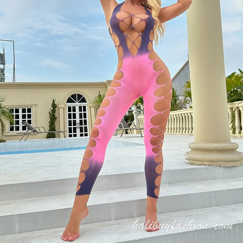 Halter gradient cut out see through jumpsuit