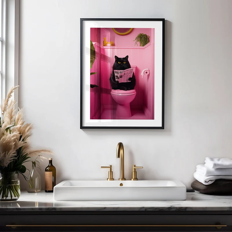 Katze auf Toilette Bild Badezimmer Poster Tiere auf dem Klo Deko Gäste WC Bild Pink Geschenk Hauskauf Wanddekoration Katze liest Zeitung
