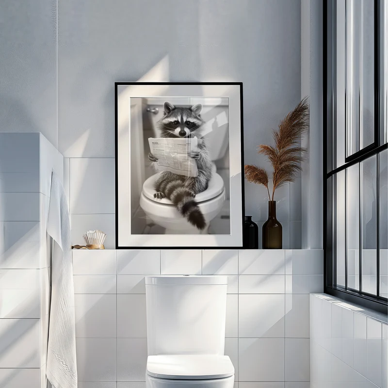 Waschbär auf Toilette liest Zeitung Badezimmer Poster Tiere Gäste WC Deko Waschbär auf Klo Badezimmer Bilder lustig