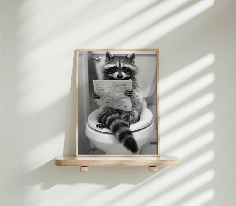 Waschbär auf Toilette liest Zeitung Badezimmer Poster Tiere Gäste WC Deko Waschbär auf Klo Badezimmer Bilder lustig