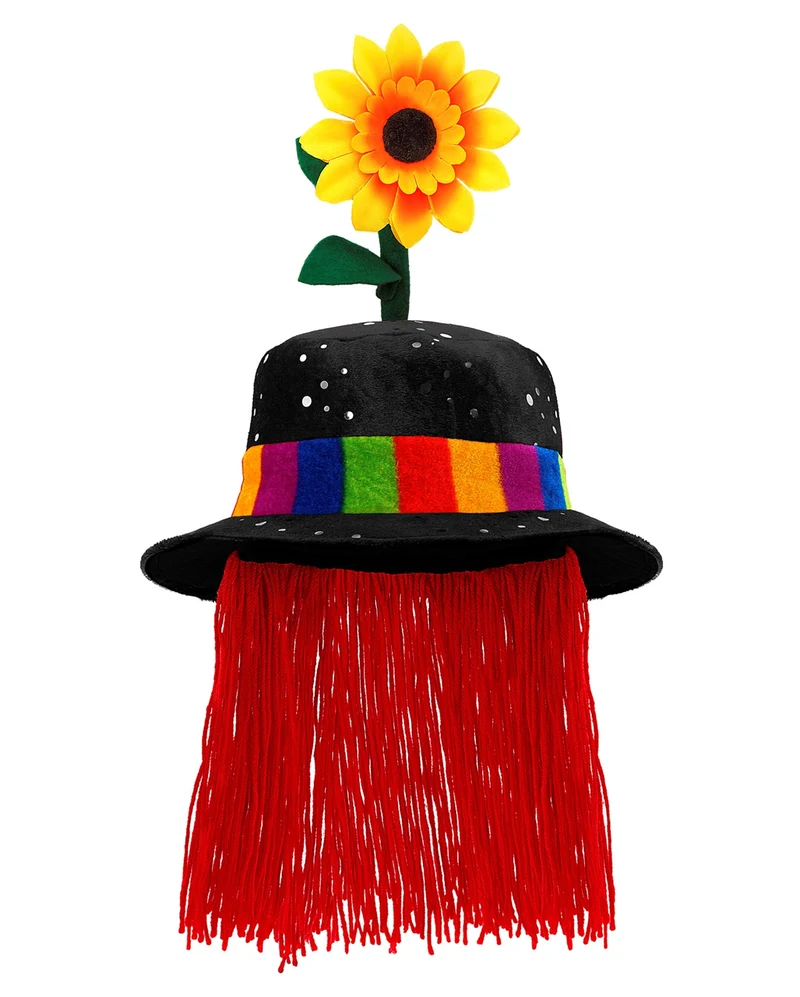 Verrückter Clownhut mit roten Haaren & Sonnenblume