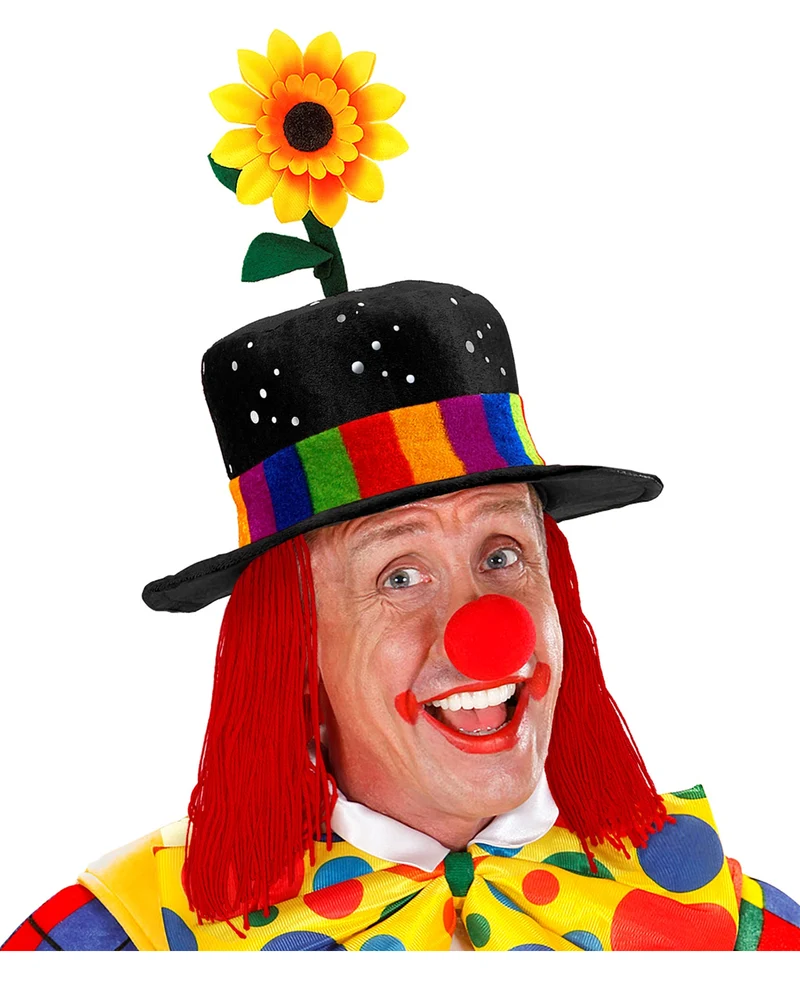 Verrückter Clownhut mit roten Haaren & Sonnenblume