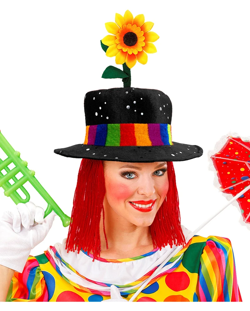 Verrückter Clownhut mit roten Haaren & Sonnenblume