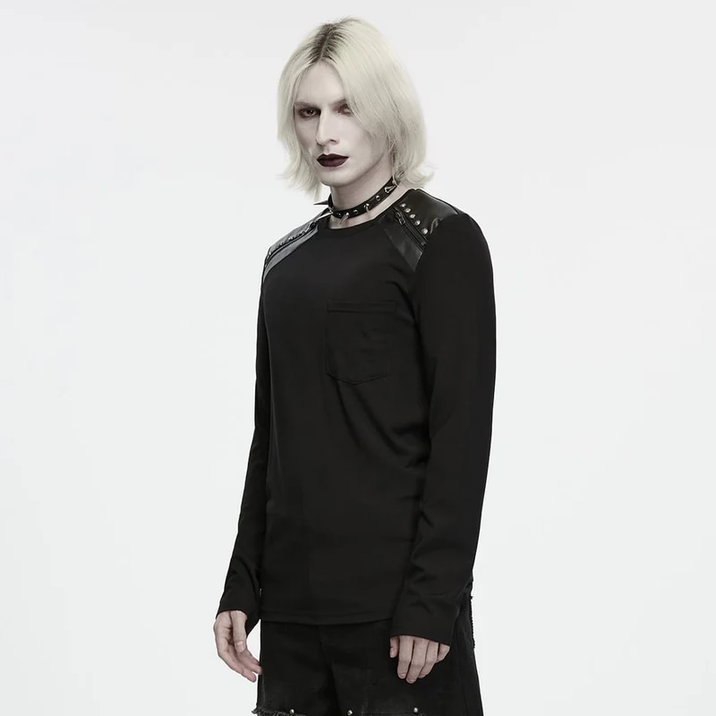 Punk-Herren-Langarmshirt mit geprägten Nieten, Reißverschluss, Rundhalsausschnitt.