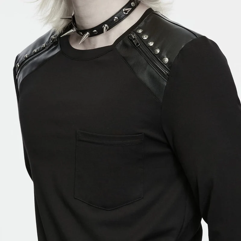 Punk-Herren-Langarmshirt mit geprägten Nieten, Reißverschluss, Rundhalsausschnitt.