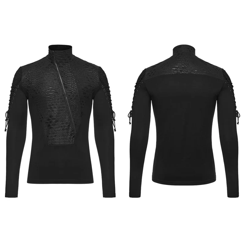 Punk-Herren-Langarmshirt mit Schnürung, Reißverschluss und Rollkragen