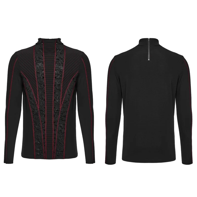 Punk-Herren-Langarmshirt mit Nieten, Used-Look, Stehkragen, Schwarz-Rot