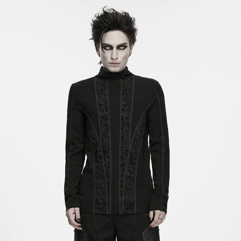 Schwarzes Herren-Langarmshirt im Punk-Stil mit Nieten, Used-Look und Stehkragen