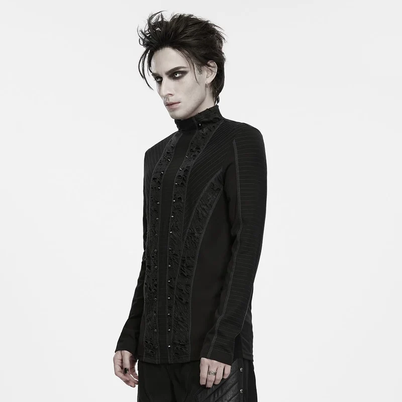 Schwarzes Herren-Langarmshirt im Punk-Stil mit Nieten, Used-Look und Stehkragen