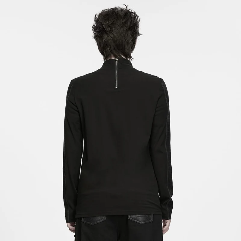 Schwarzes Herren-Langarmshirt im Punk-Stil mit Nieten, Used-Look und Stehkragen