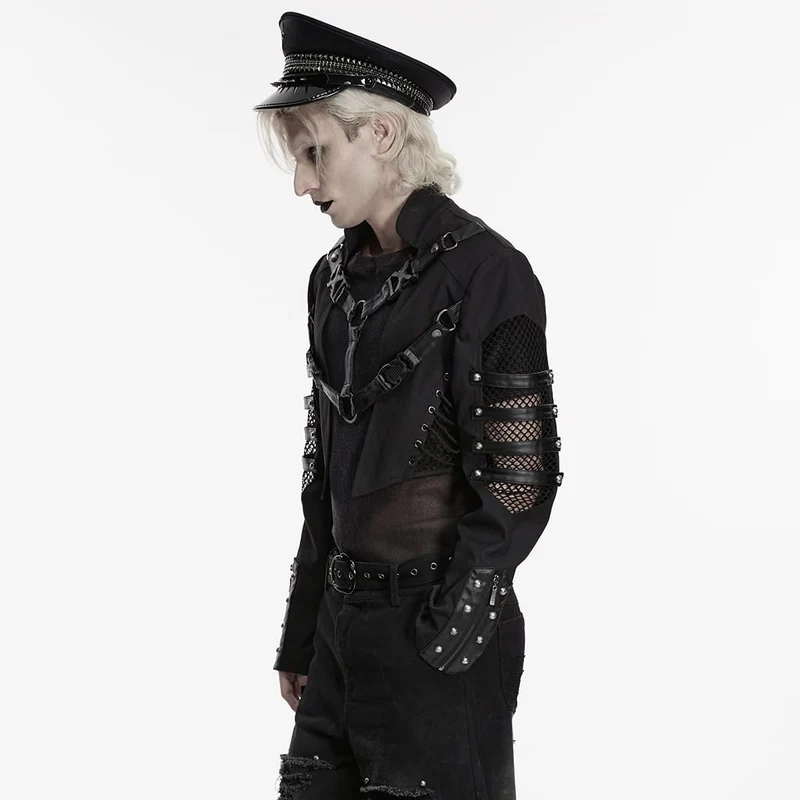 Punk-Jacke für Herren mit Nieten, Schnürung und Mesh-Einsätzen